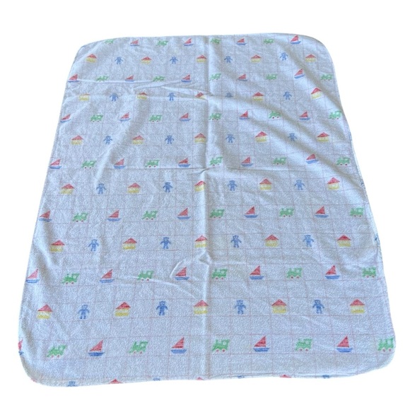 VTG Primary Color Grid Pattern Flannel Receiving Blanket Sailboat Bears Trains - Picture 3 of 7